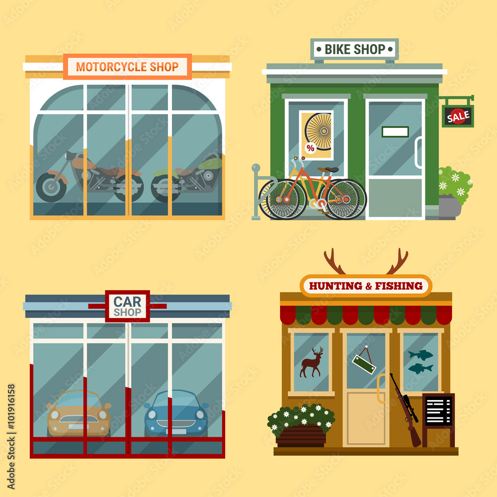 Φωτογραφία Vector flat illustration of buildings that are shops that are selling  motorcycles, bikes with discount, cars, accessories for hunting and fishing
