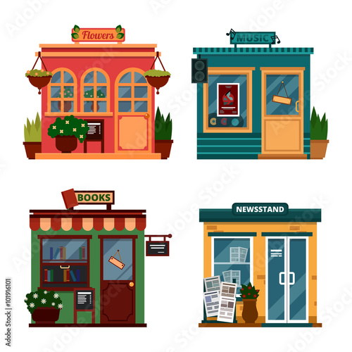 Vector illustration of buildings that are shops for buying decorations and leisure accessories. Set of nice flat shops. Different Showcases - Flowers, music, books, newsstand with sound box.