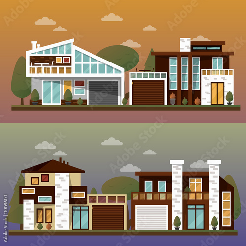 Fototapeta Naklejka Na Ścianę i Meble -  Vector flat illustration of two family house and sweet home banners outdoor street, private pavement, backyard with garage. Office architecture with beautiful plants and bushes. Private house banner