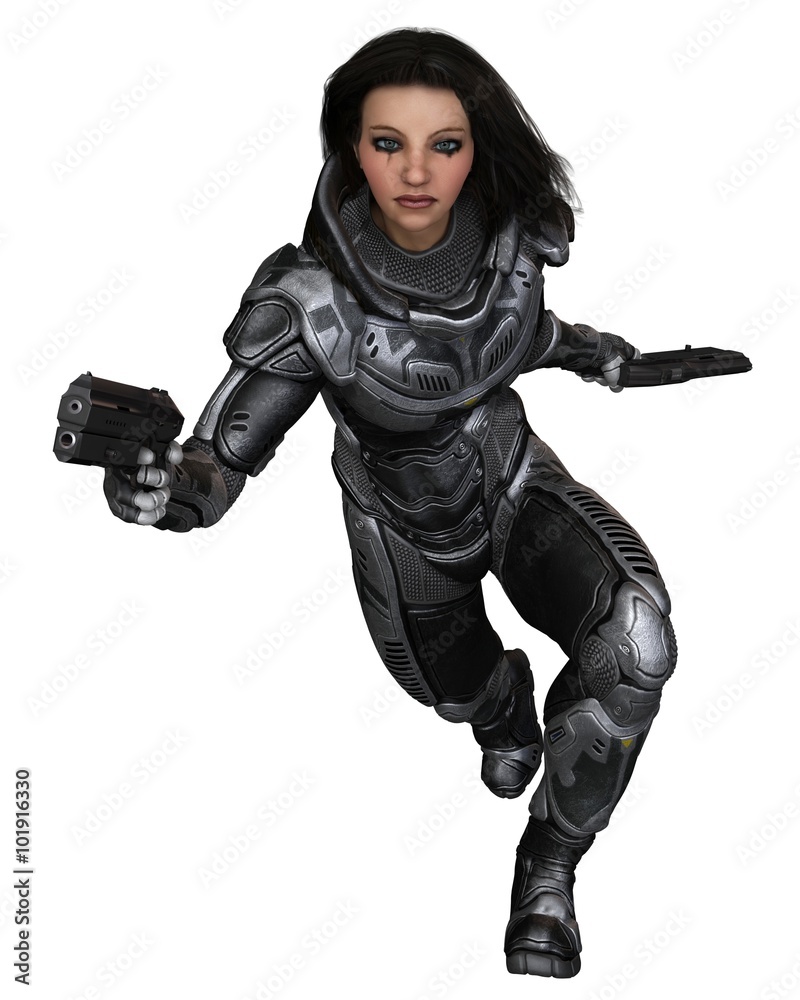 Future Soldier, Female Brunette, Running Forward - Science Fiction Illustration Future Soldier, Female Brunette, Running Forward - Science Fiction Illustration