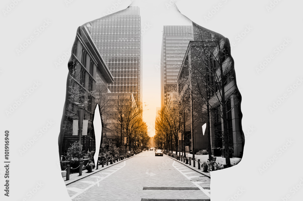 Ταπετσαρία Double exposure of businessman in suit and cityscape