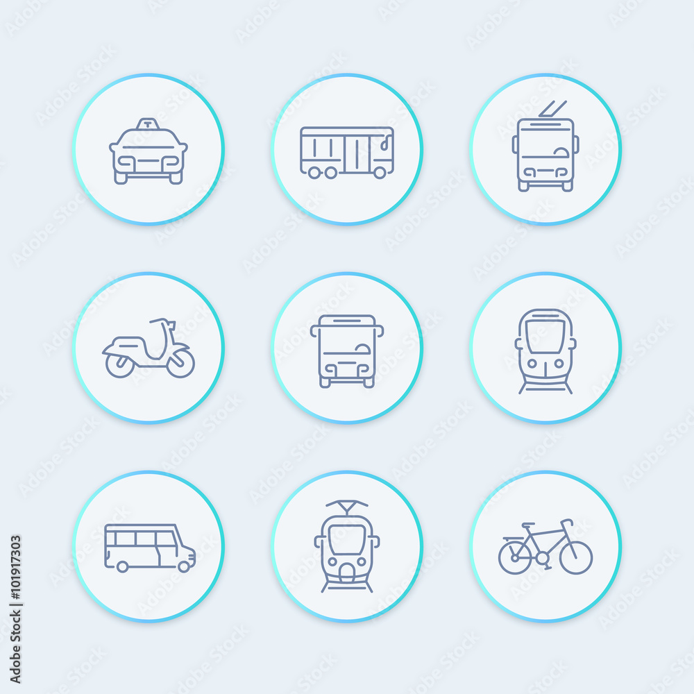 City transport line icons, tram, train, bus, bike, taxi, trolleybus stylish round icons, vector illustration City transport line icons, tram, train, bus, bike, taxi, trolleybus stylish round icons, vector illustration