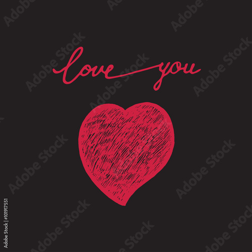 Hand drawn words love and doodle hearts