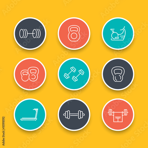 Gym equipment line icons, training, fitness, exercise round icons set, vector illustration