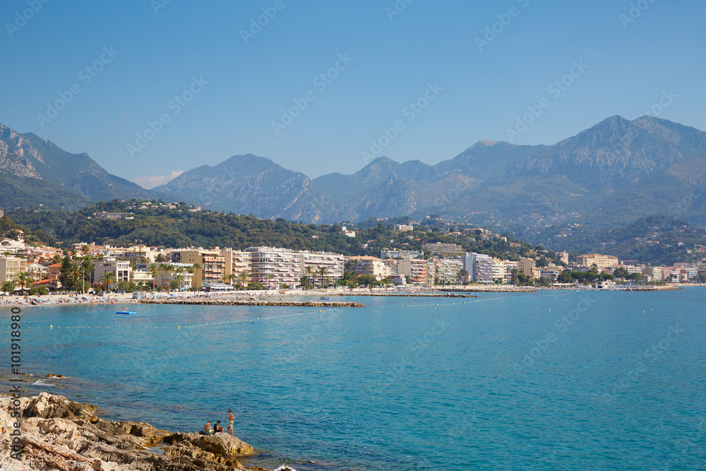 Cap Martin and Roquebrune, blue sea of French riviera in a sunny day