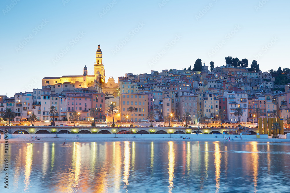 Menton, old city illuminated in the evening, French riviera
