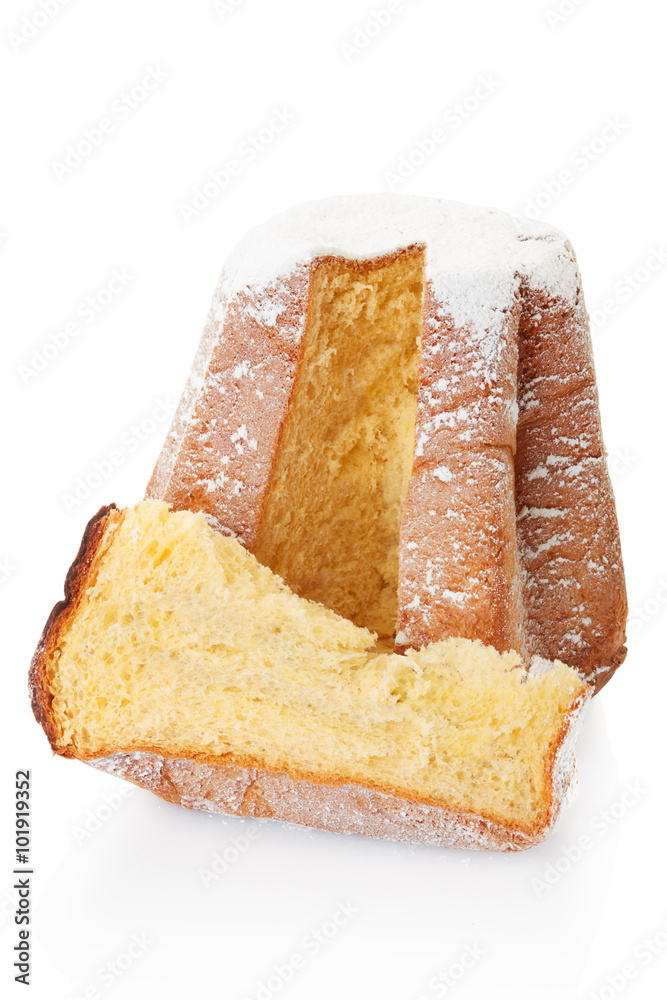 Pandoro, Christmas cake and slice with icing sugar on white, clipping path