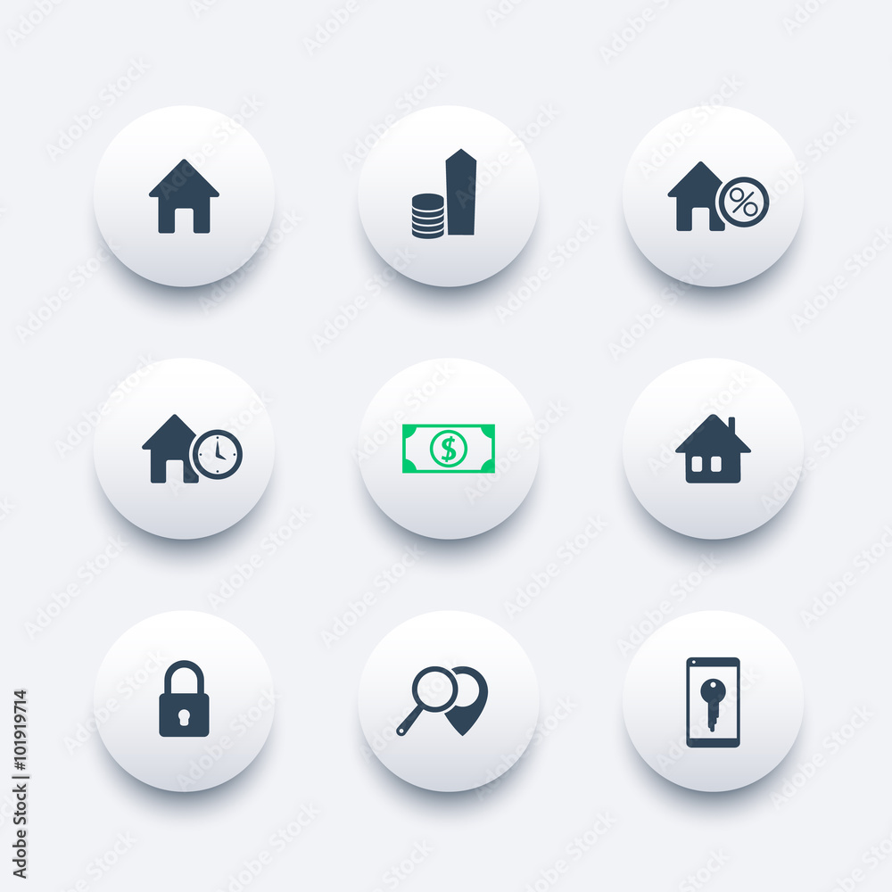 Real estate icons set, house sale, search, apartments, homes for rent round modern icons, vector illustration Real estate icons set, house sale, search, apartments, homes for rent round modern icons, vector illustration