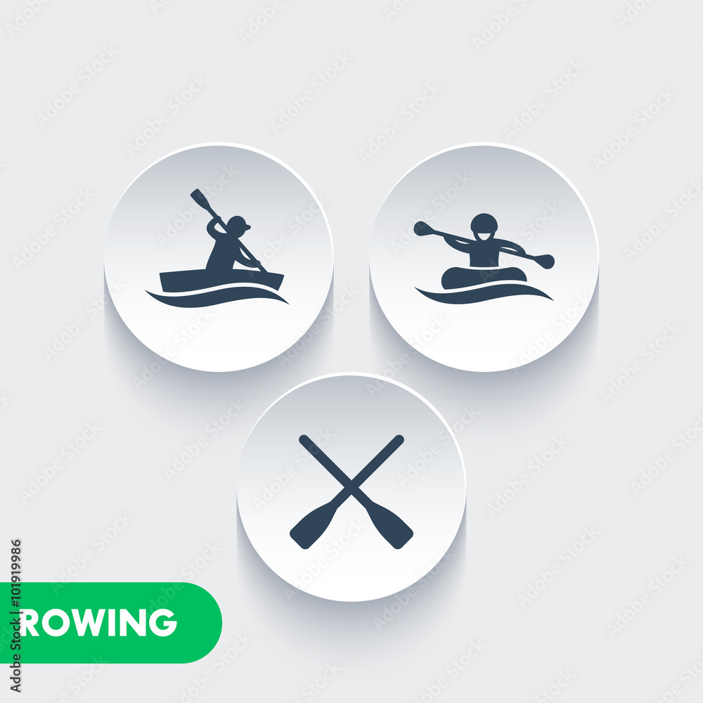 Rowing icons, kayaking, rafting, canoe, rower, oars icons on round 3d shapes, vector illustration