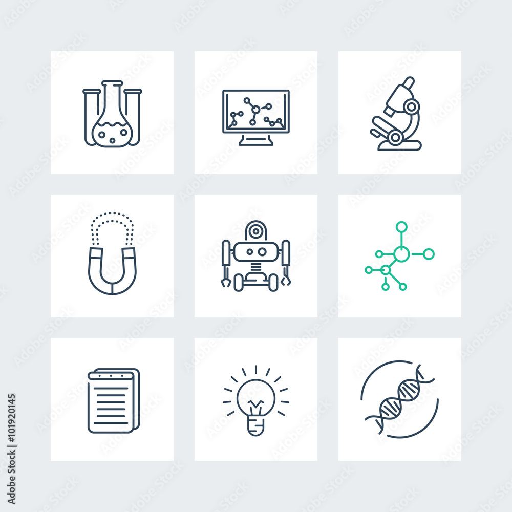 Science line icons on squares, research, laboratory, study, chemistry, physics, biology icon, vector illustration