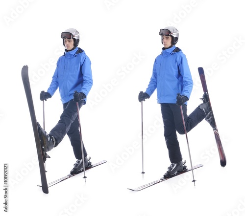Skiier demonstrate warm up exercise for skiing. Pull up skis for