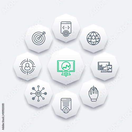 seo line icons, search engine optimization, internet marketing, web page indexing octagon icons, vector illustration
