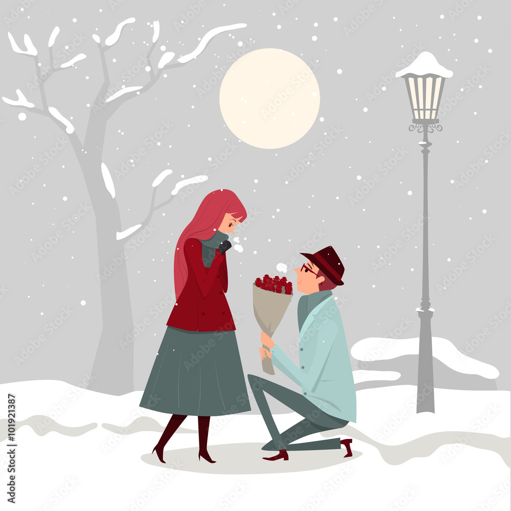 A Vector Illustration of a man giving flowers to his lover on a winter day. A Vector Illustration of a man giving flowers to his lover on a winter day.