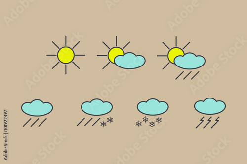 vector set of yellow, blue, grey weather forecast icons sun, cloud isolated