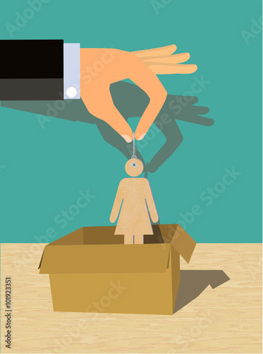 Sex Exploitation -  or Human Trafficking showing a hand of a man pulling up or putting a female figure into a box