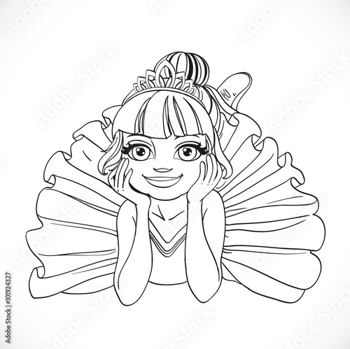 Beautiful ballerina girl in tutu lie on floor outlined isolated