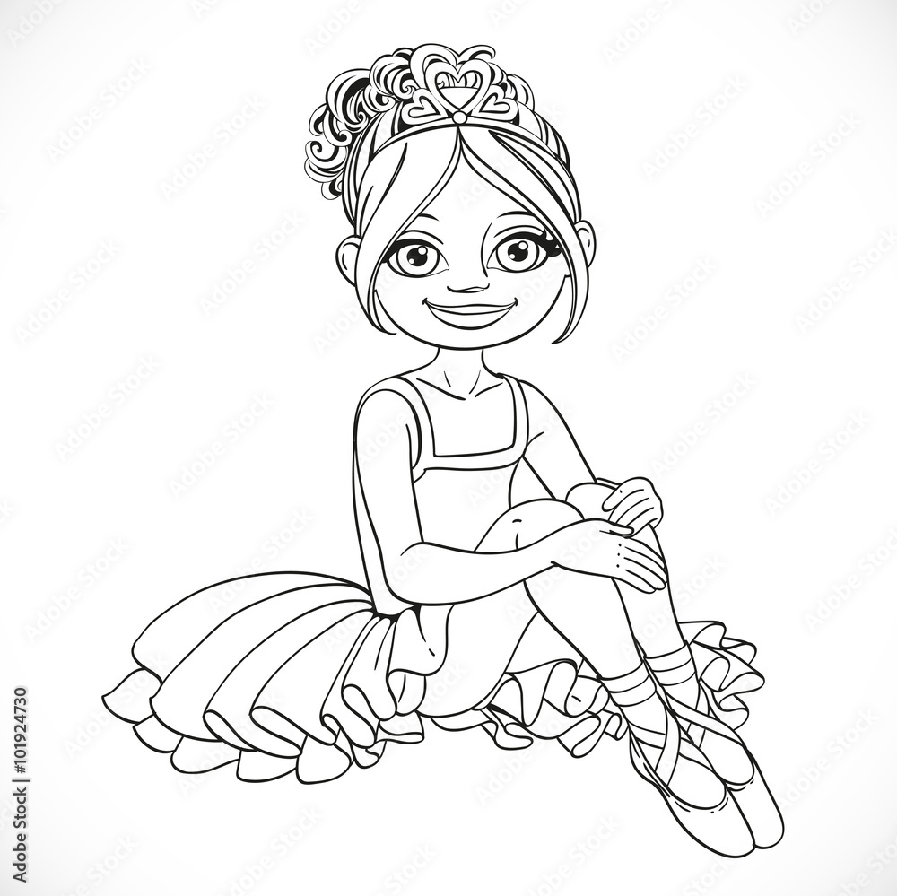 Naklejka premium Beautiful little ballerina girl in dress sit on floor outlined i