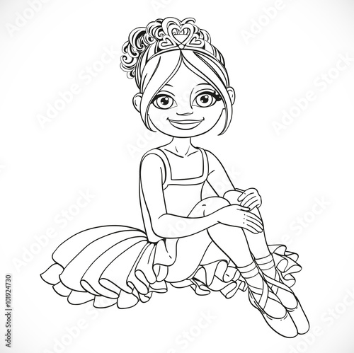 Beautiful little ballerina girl in dress sit on floor outlined i