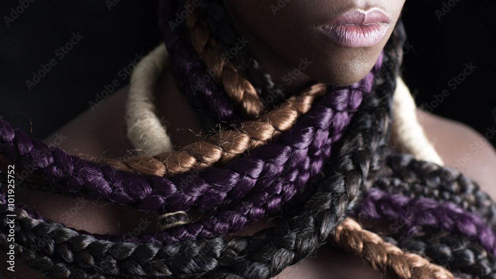 afro-american woman with colored long braids - obrazy, fototapety, plakaty 