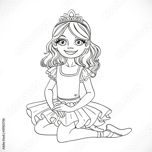 Ballerina girl in tutu and tiara sit on floor outlined isolated