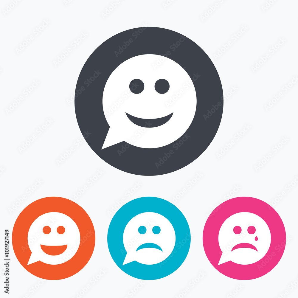 Speech bubble smile face icons. Happy, sad, cry. Speech bubble smile face icons. Happy, sad, cry.