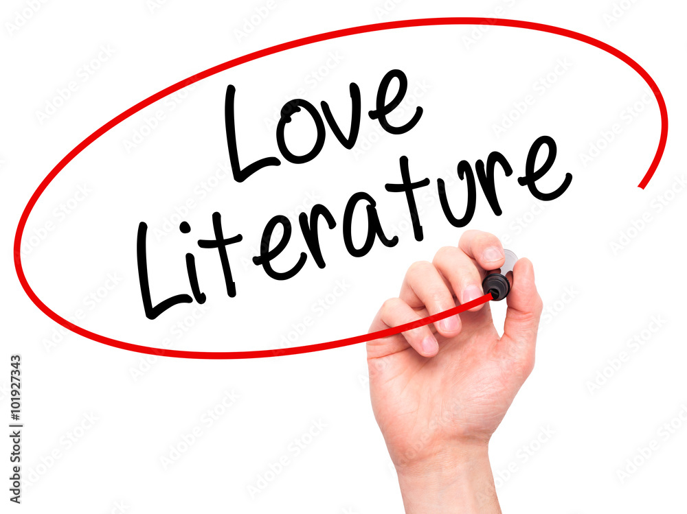 Man Hand writing Love Literature with black marker on visual scr