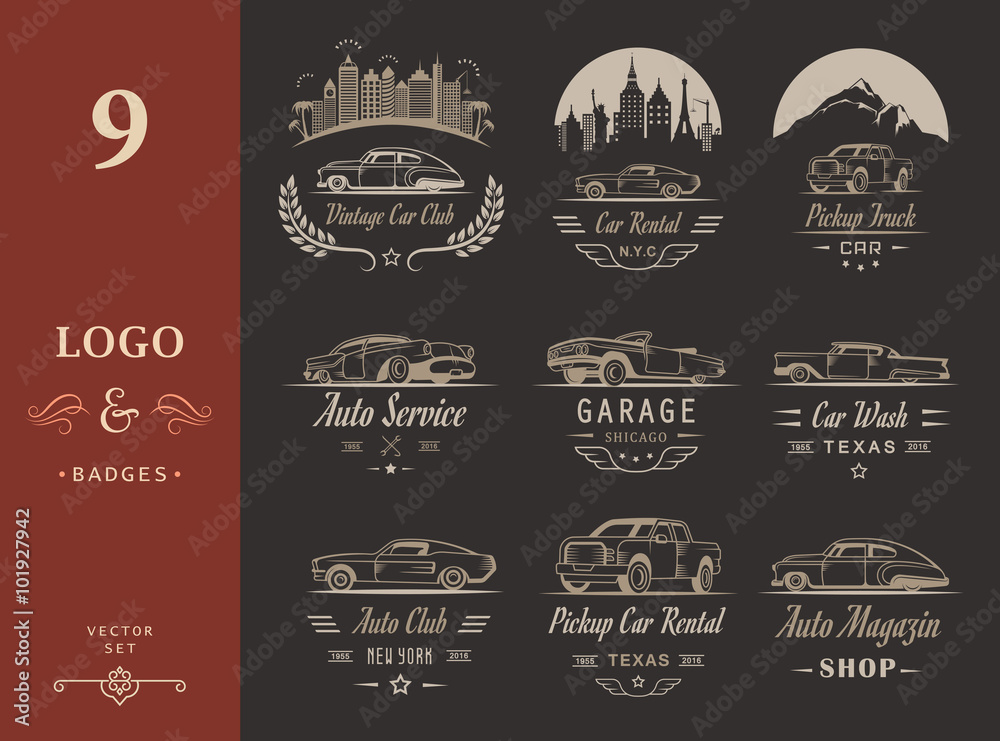 Vector Set of Vintage Car Badges and Sign