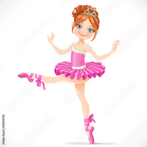 Graceful brunette ballerina girl dancing in pink dress isolated