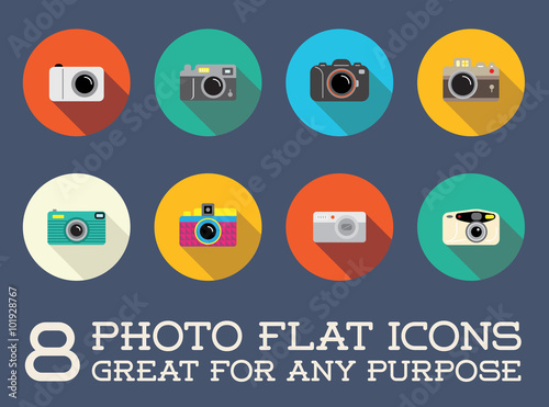 Set of Vector Photo Camera Photography Elements and Video Camera Icons Illustration can be used as Logo or Icon in premium quality Flat Icons Style
