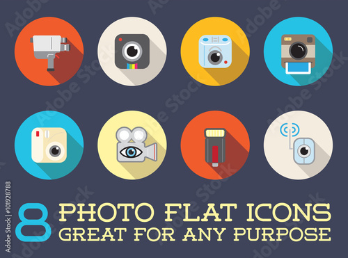 Set of Vector Photo Camera Photography Elements and Video Camera Icons Illustration can be used as Logo or Icon in premium quality Flat Icons Style