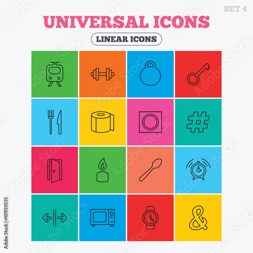 Universal icon. Fitness dumbbell, key and candle