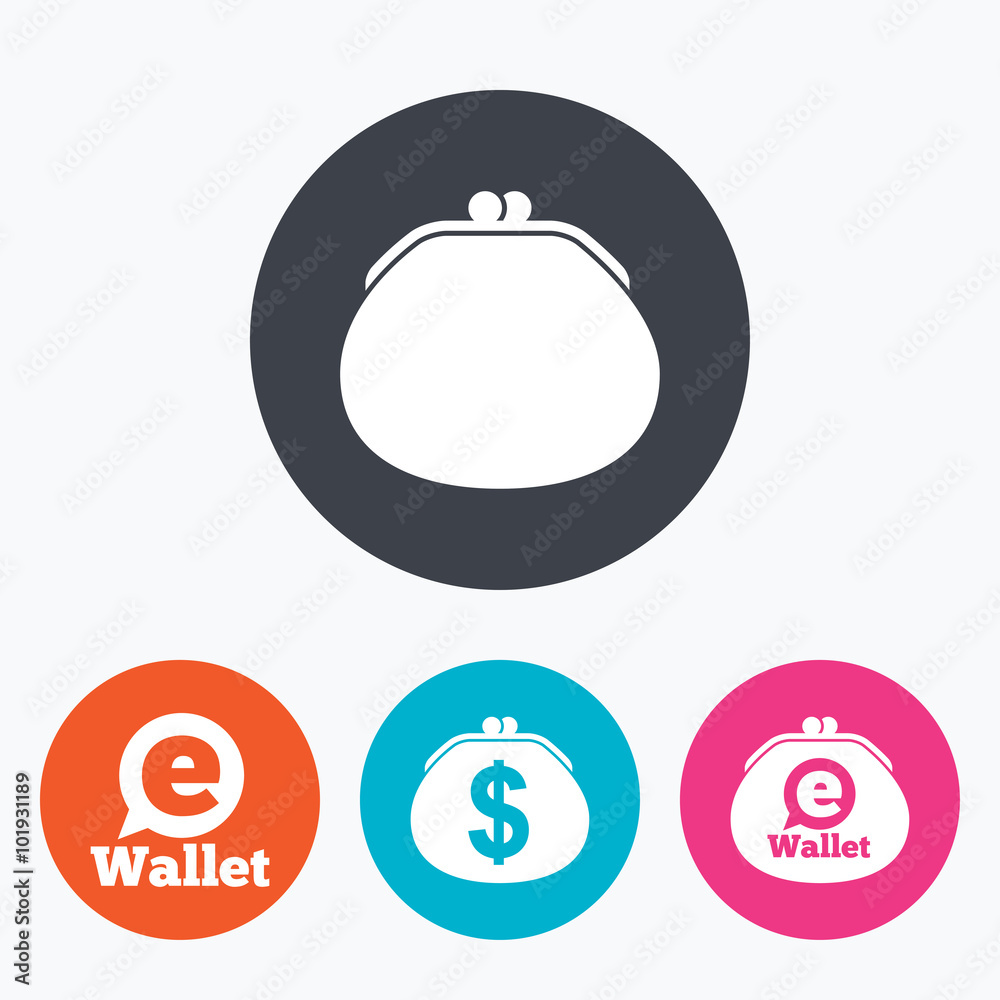 Electronic wallet icons. Dollar cash bag sign. Electronic wallet icons. Dollar cash bag sign.