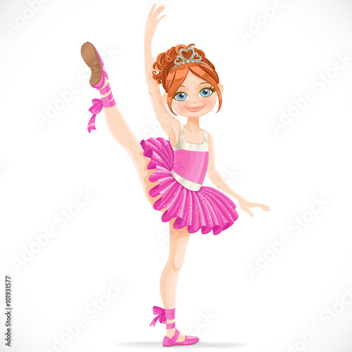 Brunette ballerina girl dancing in pink dress isolated on a whit