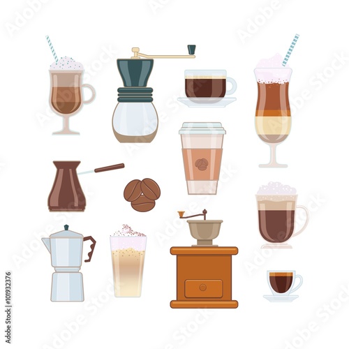Set of Coffee Types and Coffee Accessories on White Background