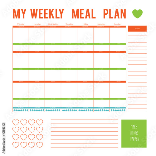 Meal Plan for a week,calendar page. Vector printable boxes,half boxes, in flat colors for planners, Printable to do pages for life planner. Diet plan page