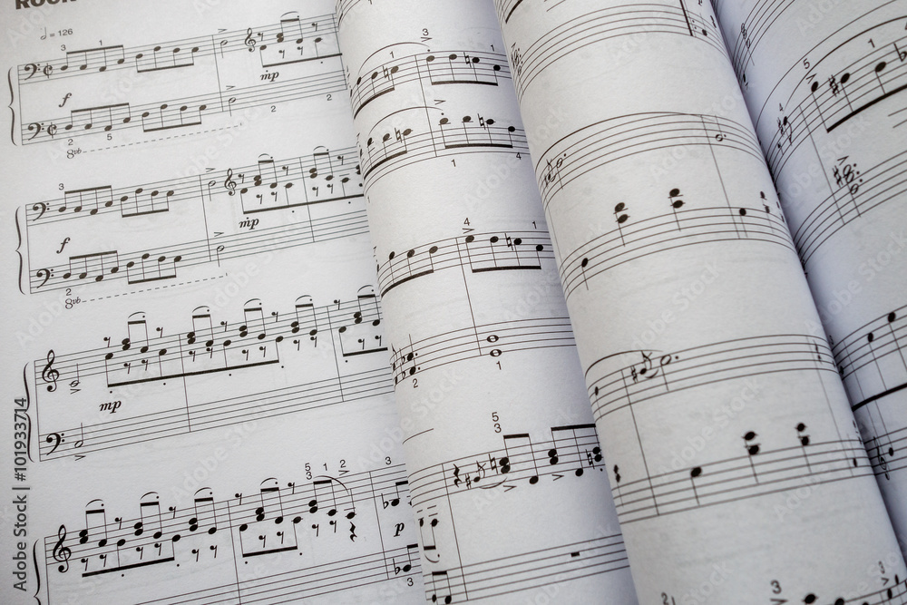 Naklejka premium Sheet Music Background Musical Notes with selective focus