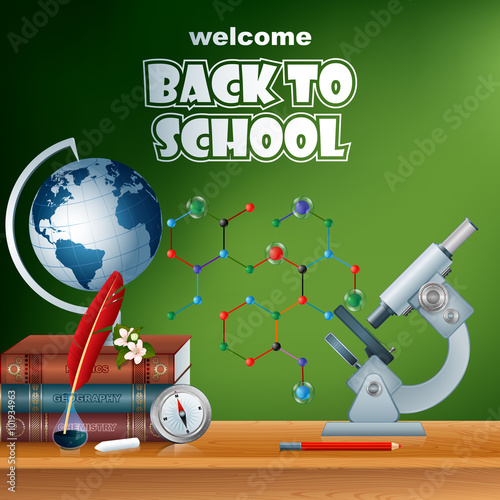 Back to school, design template with school books, microscope, feather in ink bottle, Earth globe, compass and flower on desk; Hexagonal, chemical structure in background