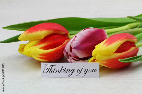 Thinking of you card with colorful tulips
