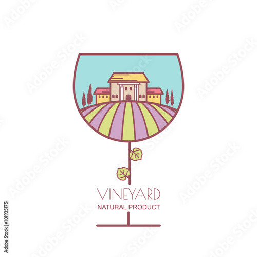 Landscape with purple and green vineyard field, villa, trees in