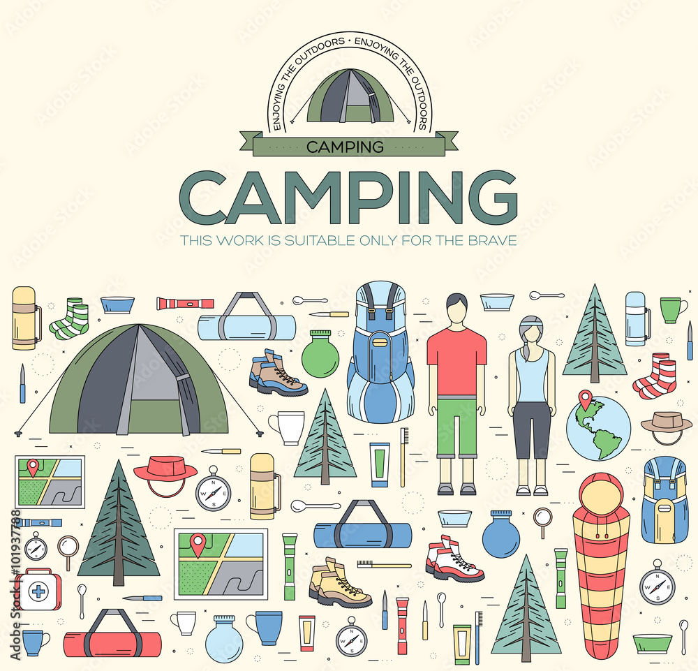 Camping equipment set circle infographics template concept. Icons design for your product or design, web and mobile applications. Vector flat with long shadow illustration on blue background