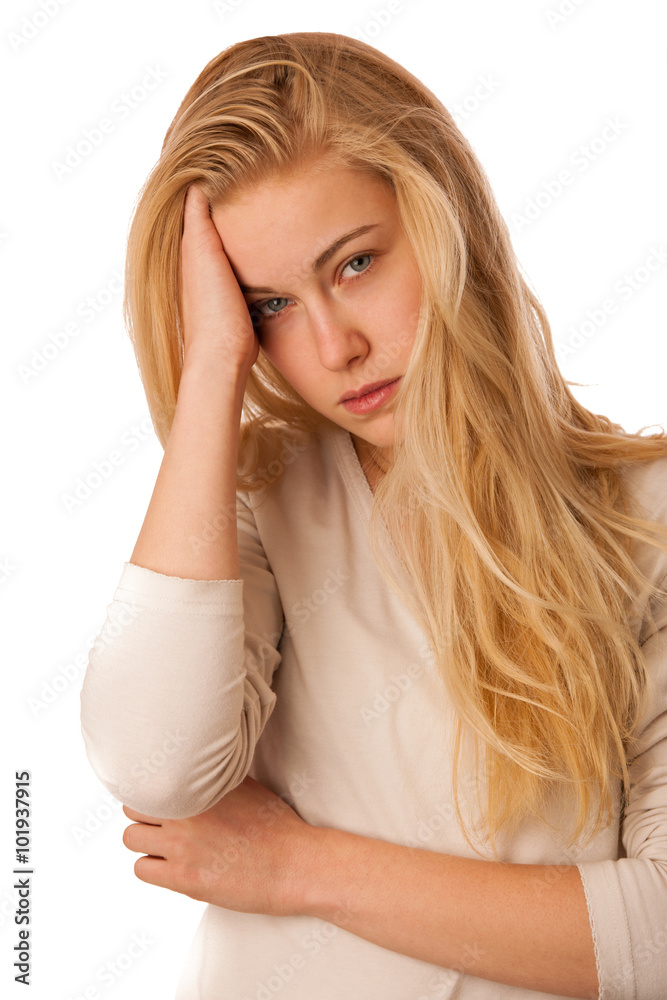 Sick woman with flu, fever and headache or migraine isolated ove Sick woman with flu, fever and headache or migraine isolated ove