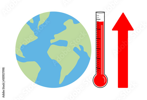 Vector image of a globe, thermometer and an upwards arrow