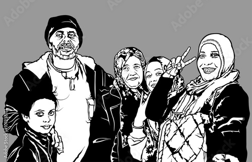 Refugees Group from Syria - Black and White Fictional Illustration, Vector
