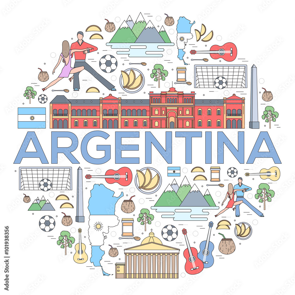 Country Argentina travel vacation guide of goods, places and features. Set of architecture, fashion, people, items or nature background concept. Infographic template design. On thin lines style