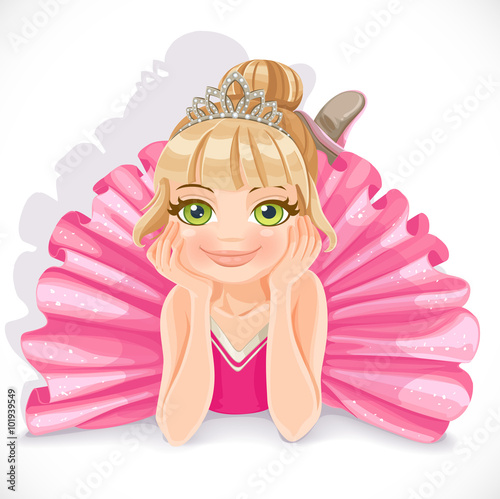 Beautiful ballerina girl in pink dress lie on floor isolated on a white background