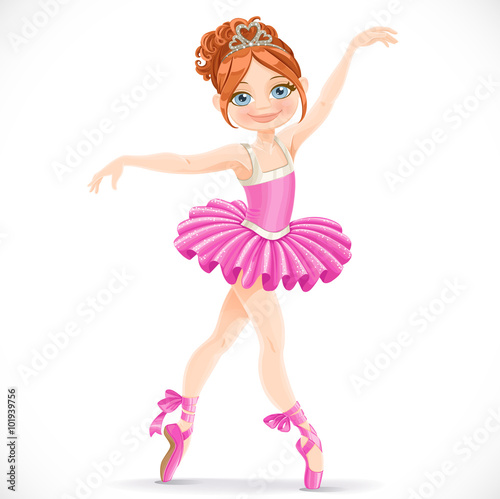 Beautiful brunette ballerina girl dancing in pink dress isolated