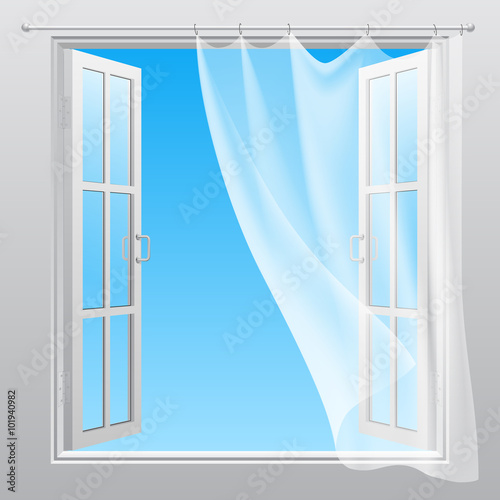 Double window with fluttering curtain