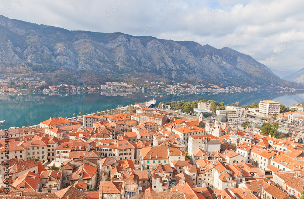 View of Old Town and a bay of Kotor, Montenegro