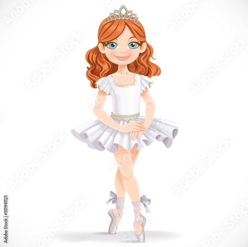 Cute little brunette ballerina girl in white tutut and tiara iso