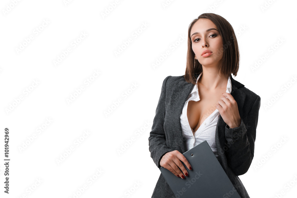sexy business woman in a jacket on a naked body on a white background sexy business woman in a jacket on a naked body on a white background